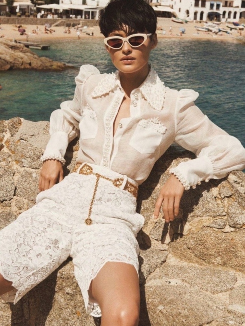 Zimmermann Shorts High Tide Bermuda Long Line Belted in White Lace
